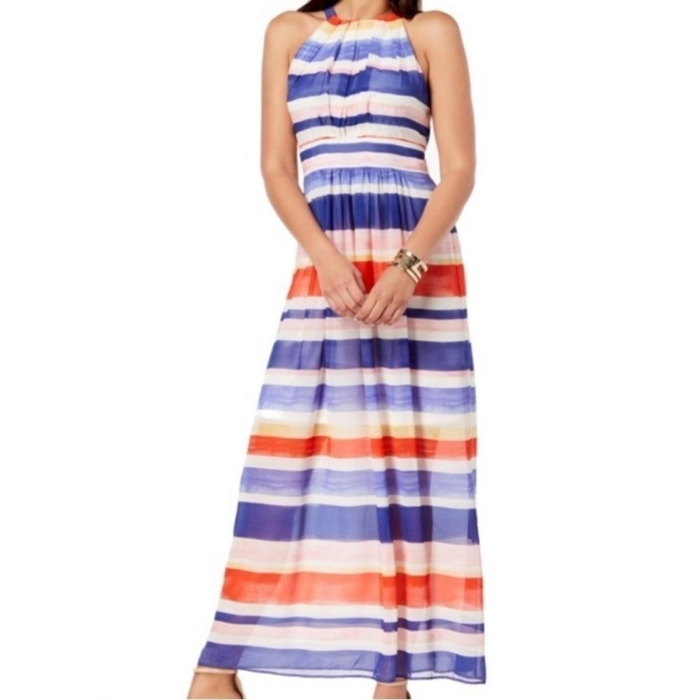 Vince Camuto High Neck Maxi Dress Stripe Blue White Red Pink 6
